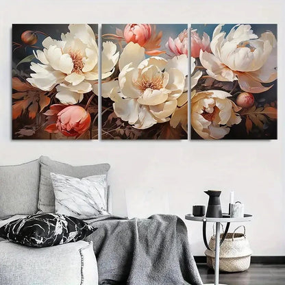 3pcs Elegant White Peony Bouquet Metal Print Ready to Hang Art