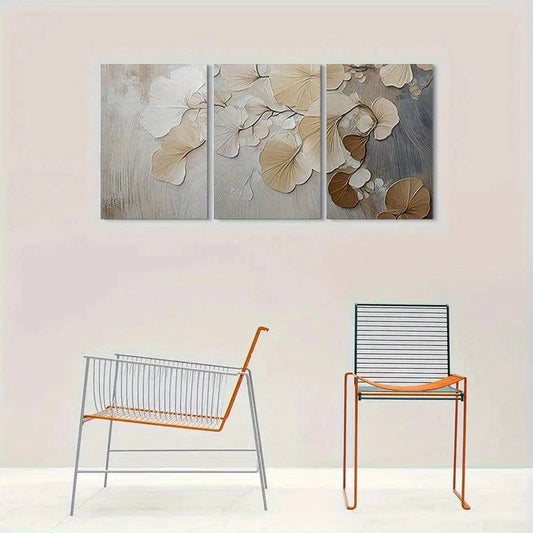 3pcs Abstract Floral Beige Flowers on Gray Metal Print Ready to Hang Art