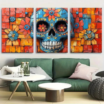 3pcs Vibrant Sugar Skull with Colorful Floral Metal Print Ready to Hang Art