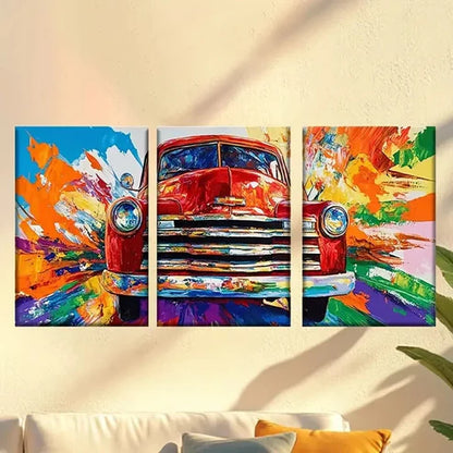 3pcs Red Truck with Colorful Paint Splatter Wall Art Canvas Unframed - High Quality Print 100% Australian Made Wall Canvas