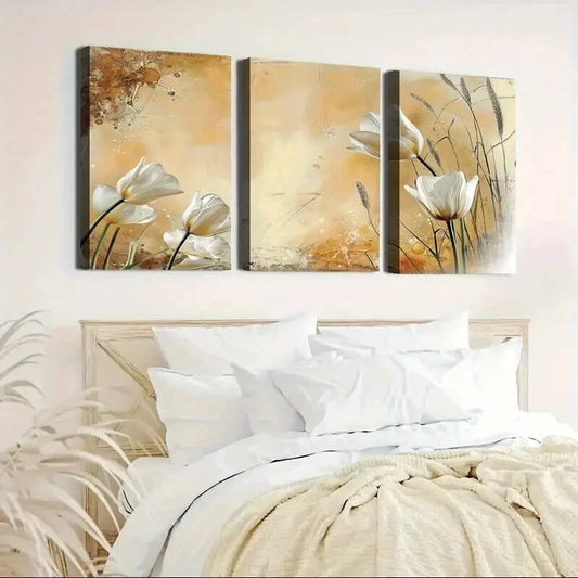 3pcs Elegant Floral White Tulip Paintings Wall Art Set Canvas Framed 40x60cm - High Quality Print 100% Australian Made Wall Canvas Ready to Hang