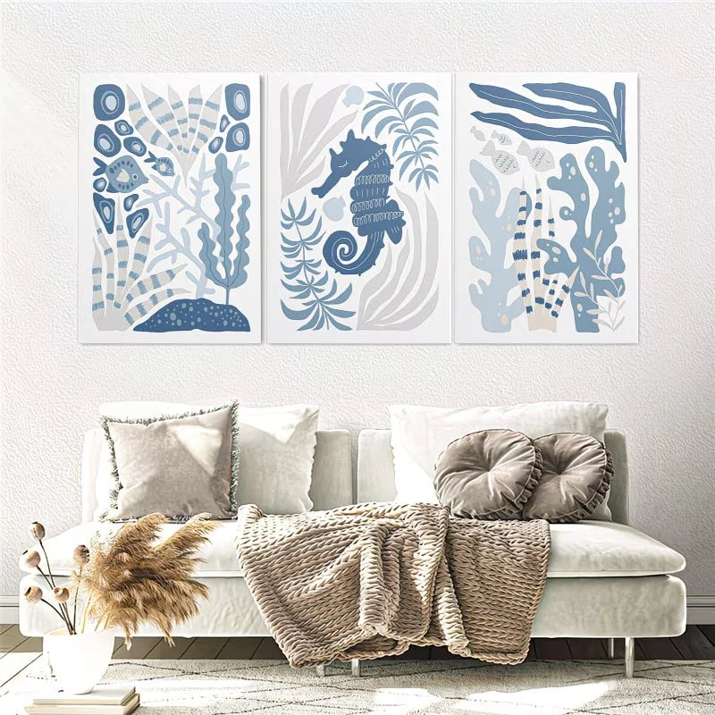 3pcs Blue Gray Underwater Ocean Scene Wall Art Set Canvas Framed 60x90cm - High Quality Print 100% Australian Made Wall Canvas Ready to Hang