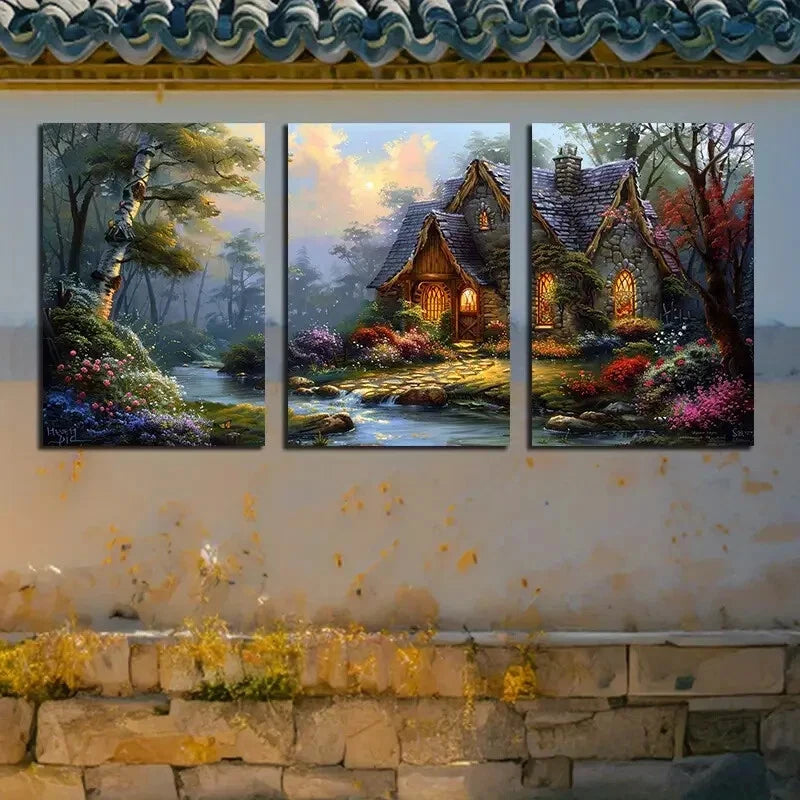 3pcs Vibrant Houses By The Creek with Florals Metal Print Ready to Hang Art