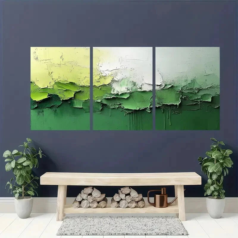 3pcs Abstract Painting Light Green and White Metal Print Ready to Hang Art