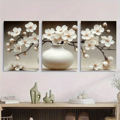 3pcs Cherry Blossom White Vase & Branches Metal Print Ready to Hang Art