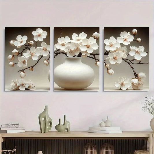 3pcs Cherry Blossom White Vase & Branches Metal Print Ready to Hang Art