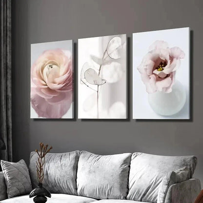 3pcs Pink Tudan Roses and Silver Fan Leaves Wall Art Set Canvas Framed 40x60cm - High Quality Print 100% Australian Made Wall Canvas Ready to Hang