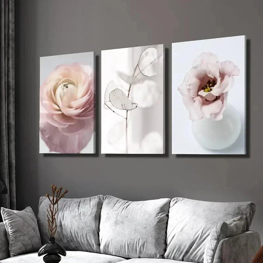 3pcs Pink Tudan Roses and Silver Fan Leaves Wall Art Set Canvas Framed 40x60cm - High Quality Print 100% Australian Made Wall Canvas Ready to Hang