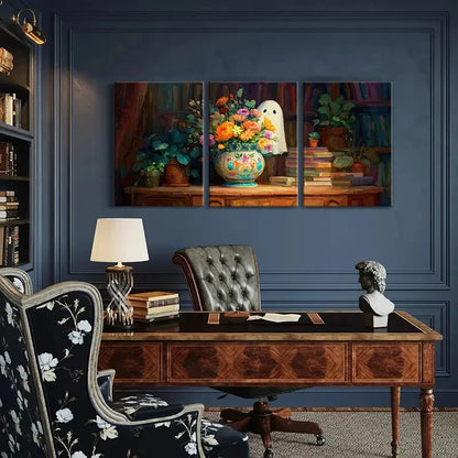 3pcs Artistic Floral Arrangement Ghostly Figure Metal Print Ready to Hang Art