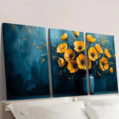 3pcs Abstract Vibrant Blue & Yellow Floral Wall Art Set Canvas Framed 40x60cm - High Quality Print 100% Australian Made Wall Canvas Ready to Hang