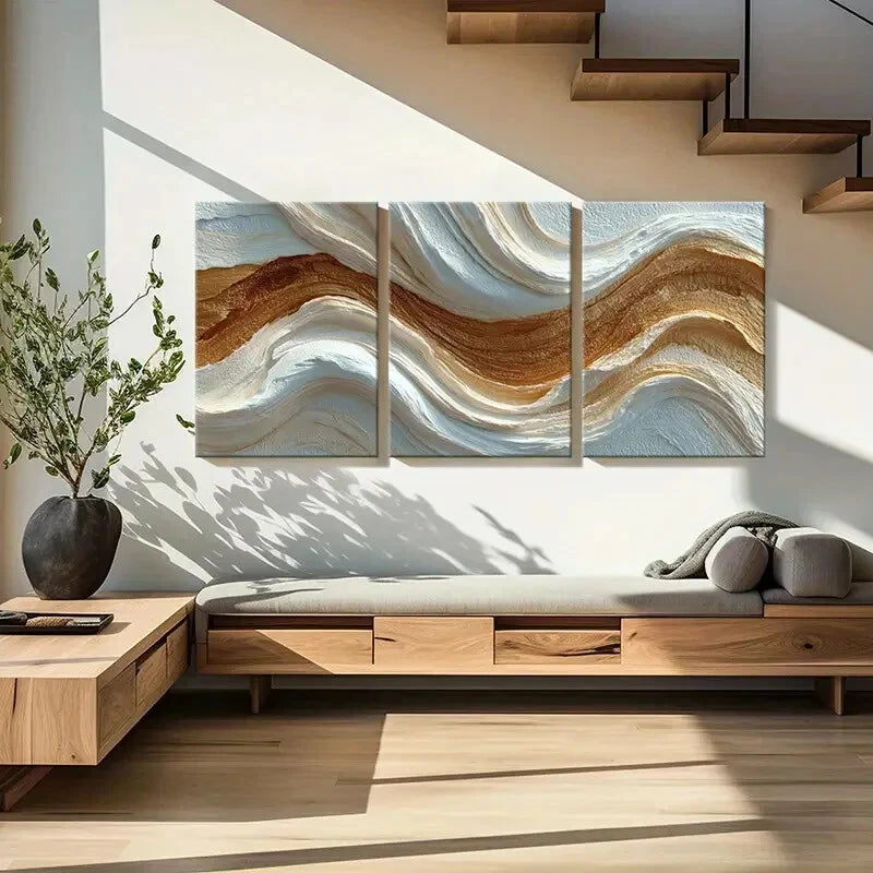 3pcs Abstract Wavy Lines Art Beige Brown White Metal Print Ready to Hang Art