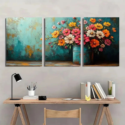3pcs Vibrant Bouquet Vintage Flowers Wall Art Set Canvas Framed 50x70cm - High Quality Print 100% Australian Made Wall Canvas Ready to Hang