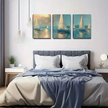 3pcs Sailboats Water Sky Canvas Framed 60x90cm - High Quality Print 100% Australian Made Wall Canvas Ready to Hang