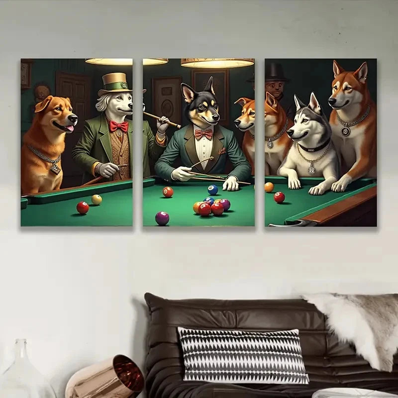3pcs Dogs Playing In Pool Painting Wall Art Set Canvas Framed 50x70cm - High Quality Print 100% Australian Made Wall Canvas Ready to Hang