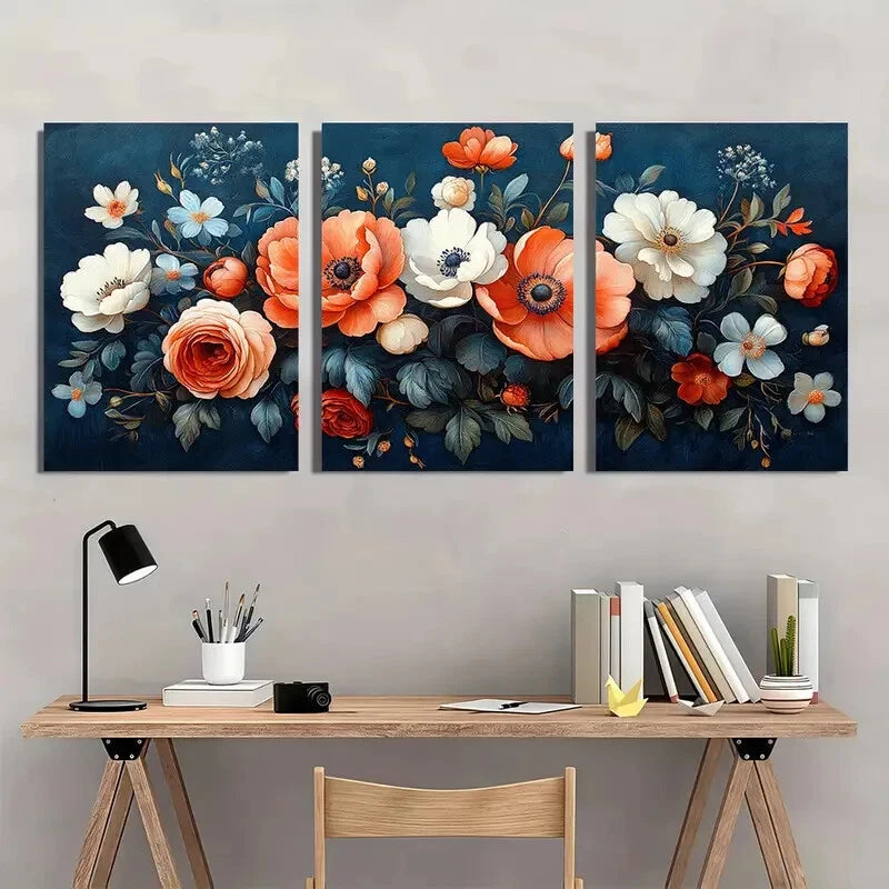 3pcs Abstract Blue & Orange Floral Design Metal Print Ready to Hang Art