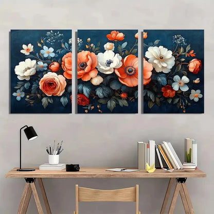 3pcs Abstract Blue & Orange Floral Design Metal Print Ready to Hang Art