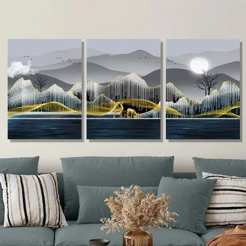 3pcs Elk, Trees, Mountains, River, Full Moon Metal Print Ready to Hang Art