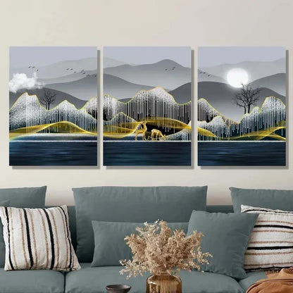 3pcs Elk, Trees, Mountains, River, Full Moon Metal Print Ready to Hang Art