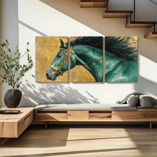 3pcs Turquoise Horse Golden Bridle Dynamic Metal Print Ready to Hang Art