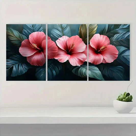3pcs Tropical Pink Hibiscus & Monstera Leaf Art Metal Print Ready to Hang Art