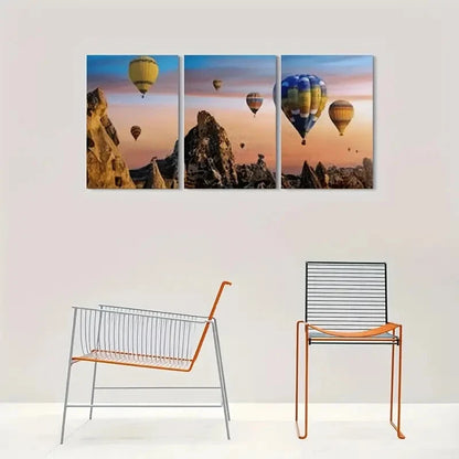 3pcs Hot Air Balloon Sunset Landscape Metal Print Ready to Hang Art