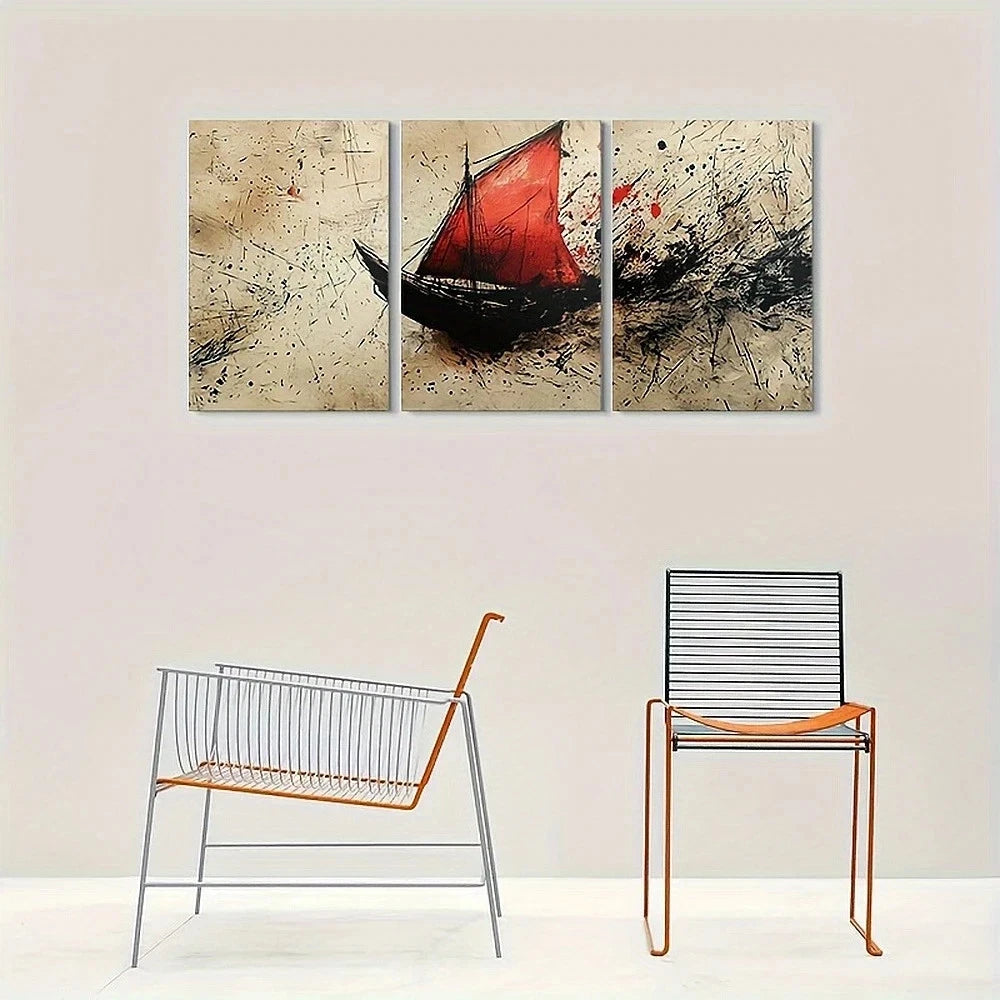 Triptych abstract painting of a red sailboat on a beige wall with two modern chairs below.