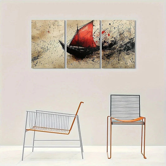 Triptych abstract painting of a red sailboat on a beige wall with two modern chairs below.