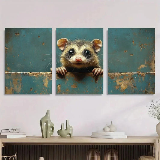 3pcs Vintage Style Opossum Playful Animal Metal Print Ready to Hang Art