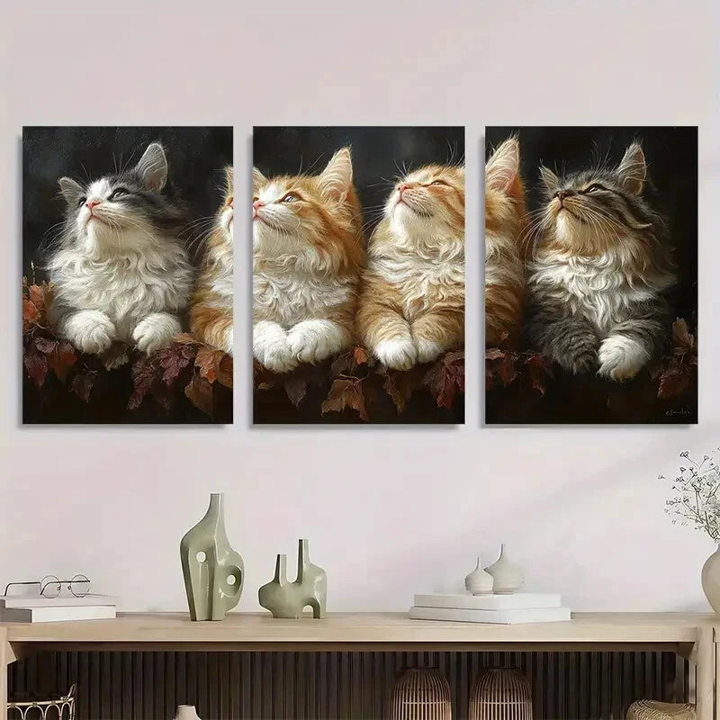 3pcs Cozy Cat Family Animal Themed Metal Print Ready to Hang Art