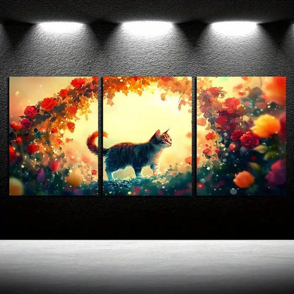 3pcs Vibrant Whimsical Cat and Floral Arch Metal Print Ready to Hang Art