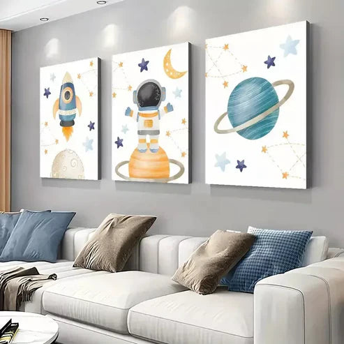 3pcs Cartoon Astronaut and Planets Wall Art Set Canvas Unframed - High Quality Print 100% Australian Made Wall Canvas