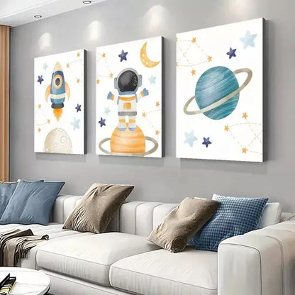 3pcs Cartoon Astronaut and Planets Wall Art Set Canvas Unframed - High Quality Print 100% Australian Made Wall Canvas