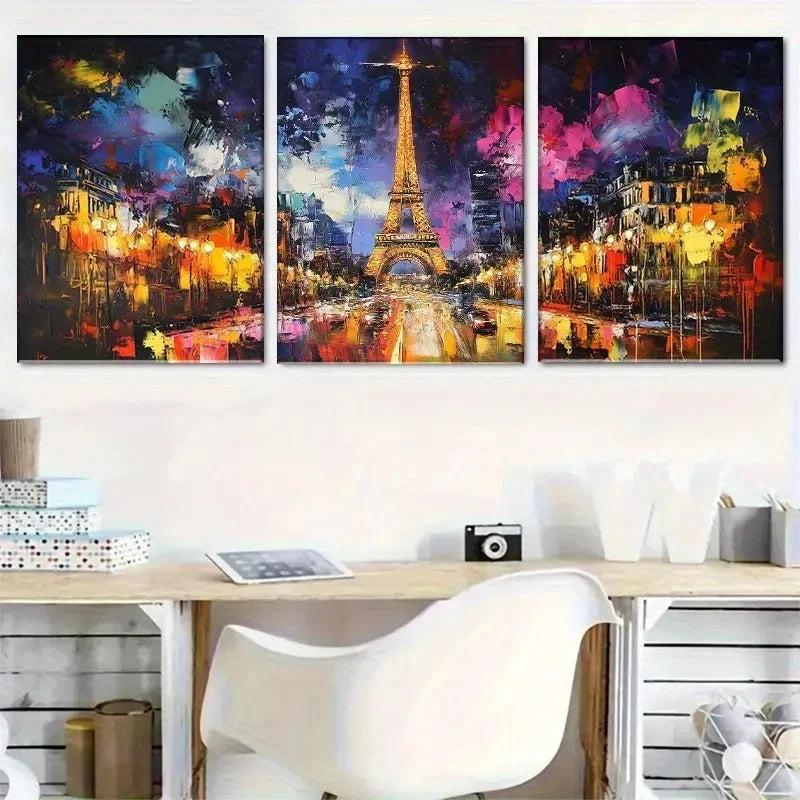 3pcs Eiffel Tower Abstract Night Scene Paintings Metal Print Ready to Hang Art