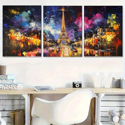 3pcs Eiffel Tower Abstract Night Scene Paintings Metal Print Ready to Hang Art