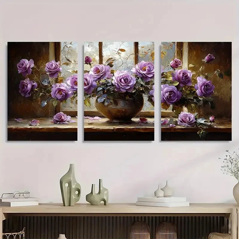 3pcs Elegant Purple Roses Painting Metal Print Ready to Hang Art