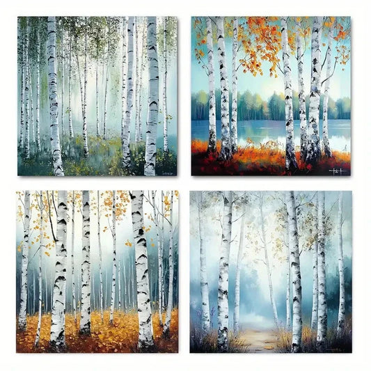 4pcs Misty Birch Forest Elegant Modern Wall Art Canvas Framed