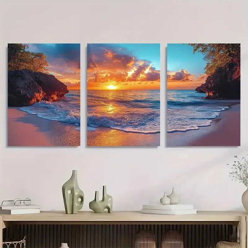 3pcs Beach Sunrise Vibrant Ocean & Sky Metal Print Ready to Hang Art