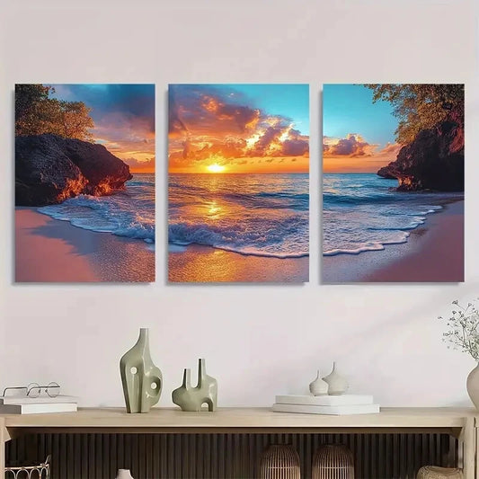 3pcs Beach Sunrise Vibrant Ocean & Sky Metal Print Ready to Hang Art