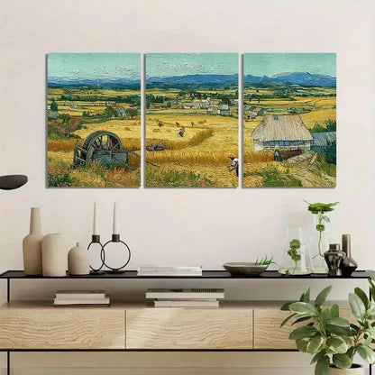 3pcs Retro Wheat Field Harvest Scene Paintings Metal Print Ready to Hang Art