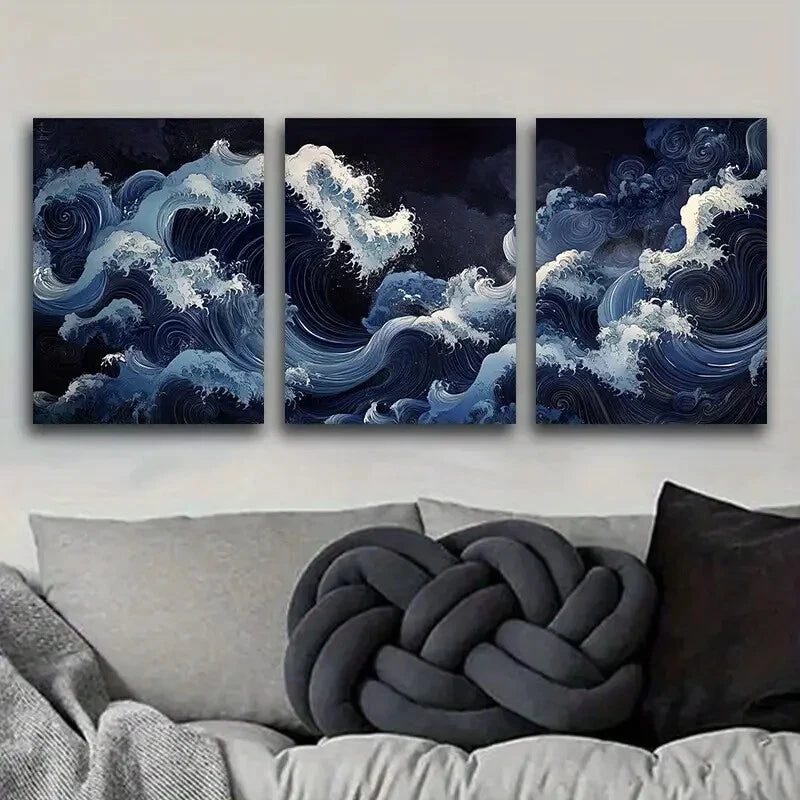 3pcs Navy Blue Swirl Contemporary Metal Print Ready to Hang Art