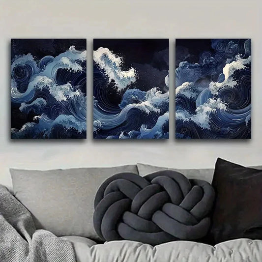 3pcs Navy Blue Swirl Contemporary Metal Print Ready to Hang Art