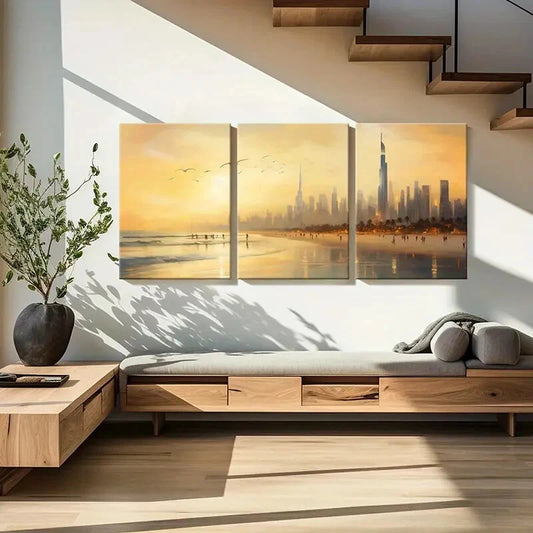 3pcs Futuristic Skyline Palm Trees & Seagulls Metal Print Ready to Hang Art