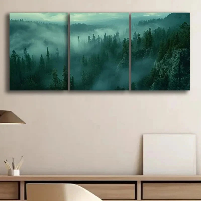 3pcs Foggy Forest Green Themed Metal Print Ready to Hang Art