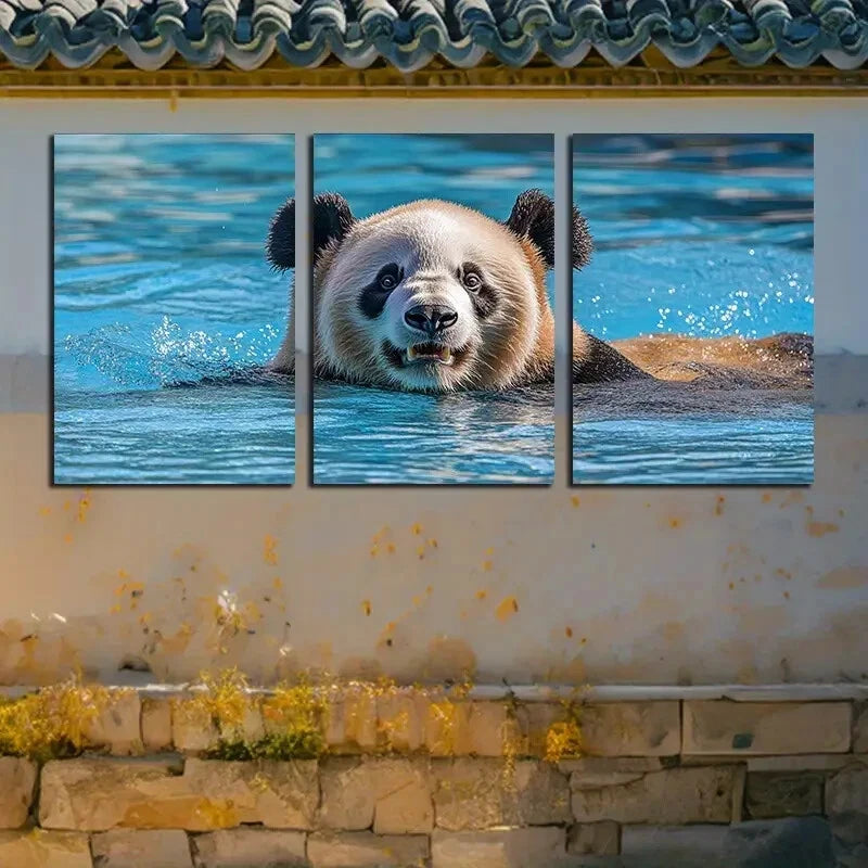 3pcs Vibrant Funny Swimming Panda Illustration Metal Print Ready to Hang Art