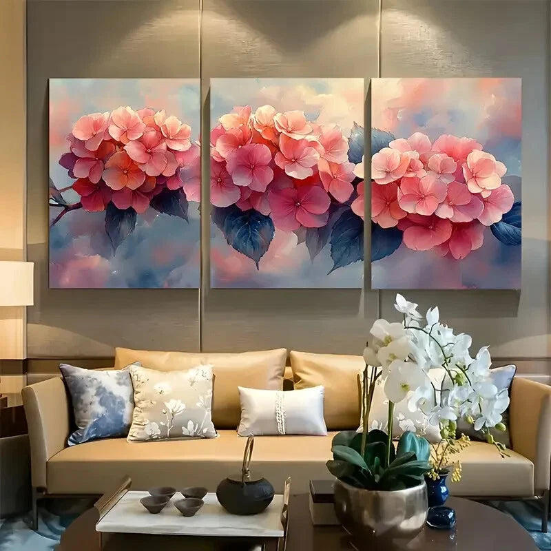 3pcs Elegant Pink Hydrangea Watercolor Metal Print Ready to Hang Art