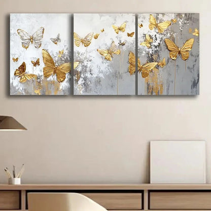 3pcs Golden Butterflies Luxurious Fabric Metal Print Ready to Hang Art