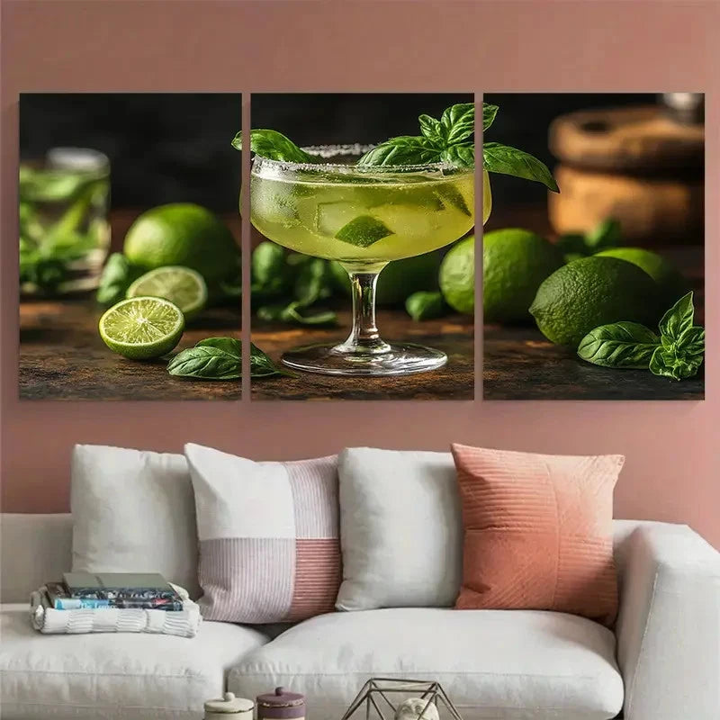 3pcs Fresh Basil Zesty Limes Gin Cocktail Metal Print Ready to Hang Art