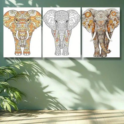 3pcs Stylized Elephant Wall Art Painting Wall Art Set Canvas Unframed - High Quality Print 100% Australian Made Wall Canvas