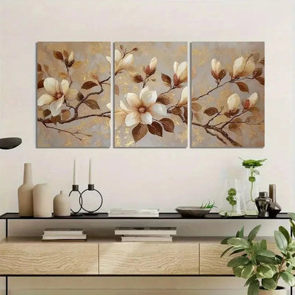 3pcs Magnolia Flowers in Beige and Brown Colors Metal Print Ready to Hang Art