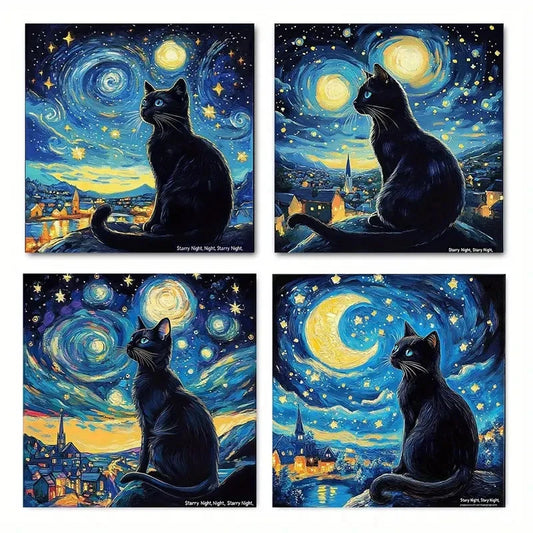 4pcsGogh-Inspired Starry Night Black Cat Wall Art Canvas Framed
